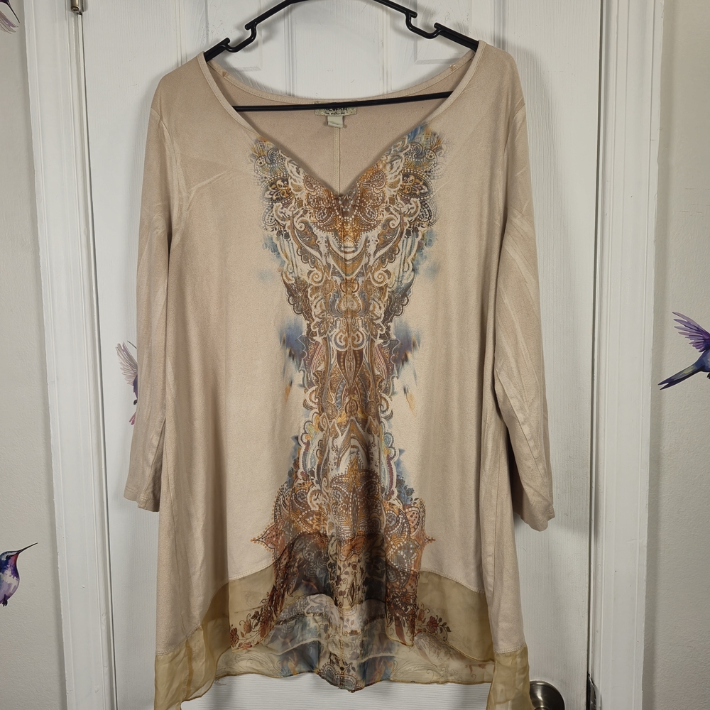 OneWorld Boho Paisley Print Layered V-Neck Tunic Top L